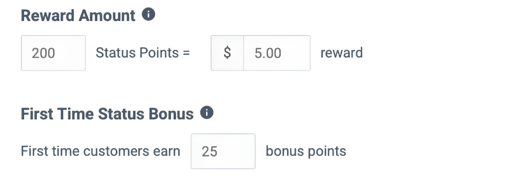 Reward amount and first-time Status bonus fields