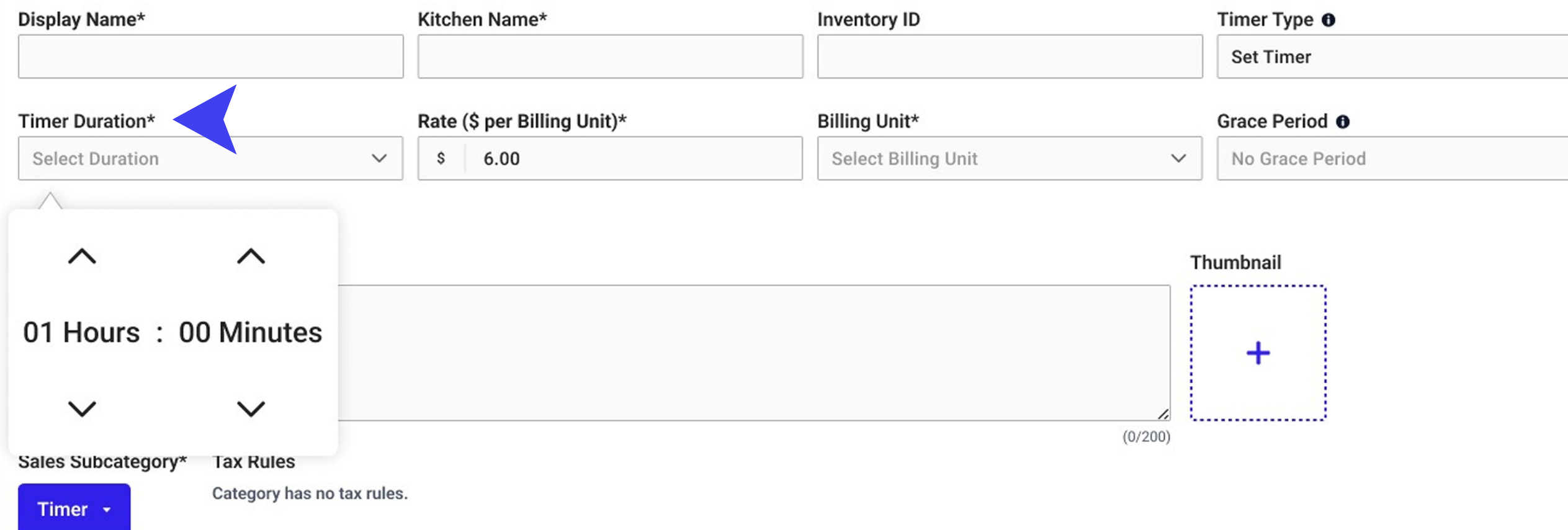 Rate, billing unit, and proration fields