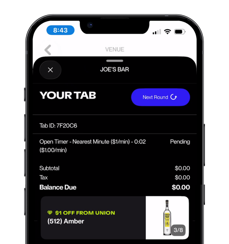 A guest's phone showing their tab with a live timer running